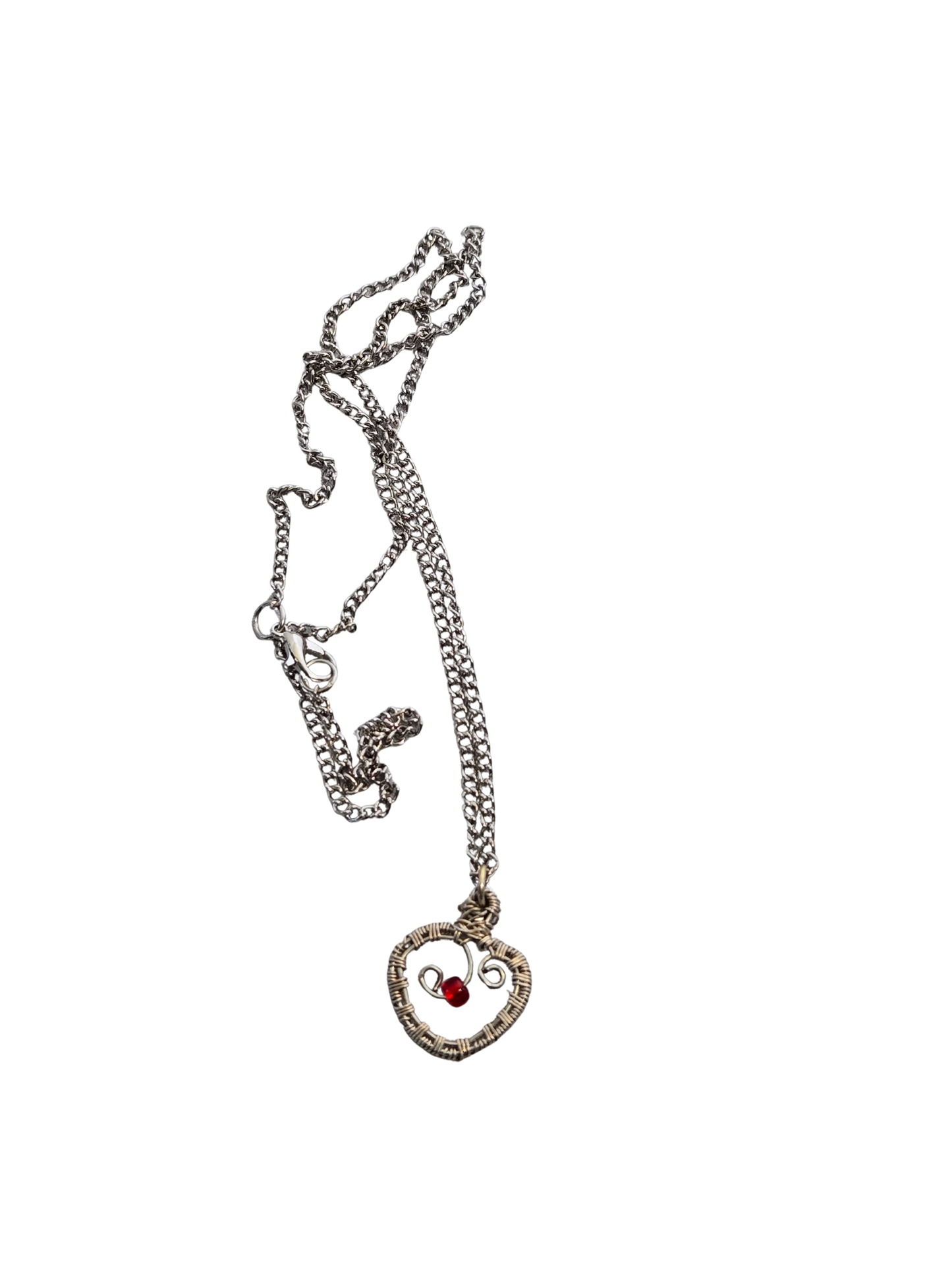 Dainty Red Bead Wire-Wrapped Necklace – 24" Chain with Claw Clasp