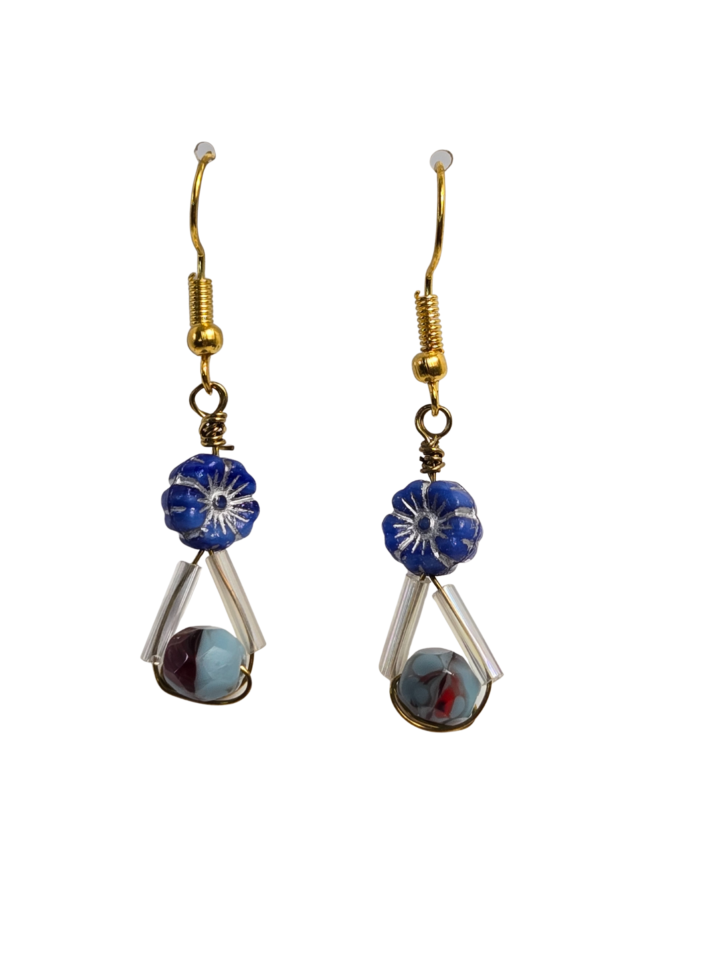 Blue Flower & Swirl Glass Bead Dangle Earrings