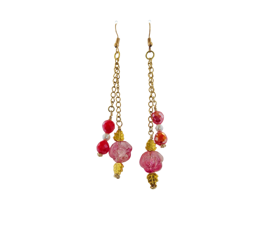Rose Double Strand Gold Dangle Earrings