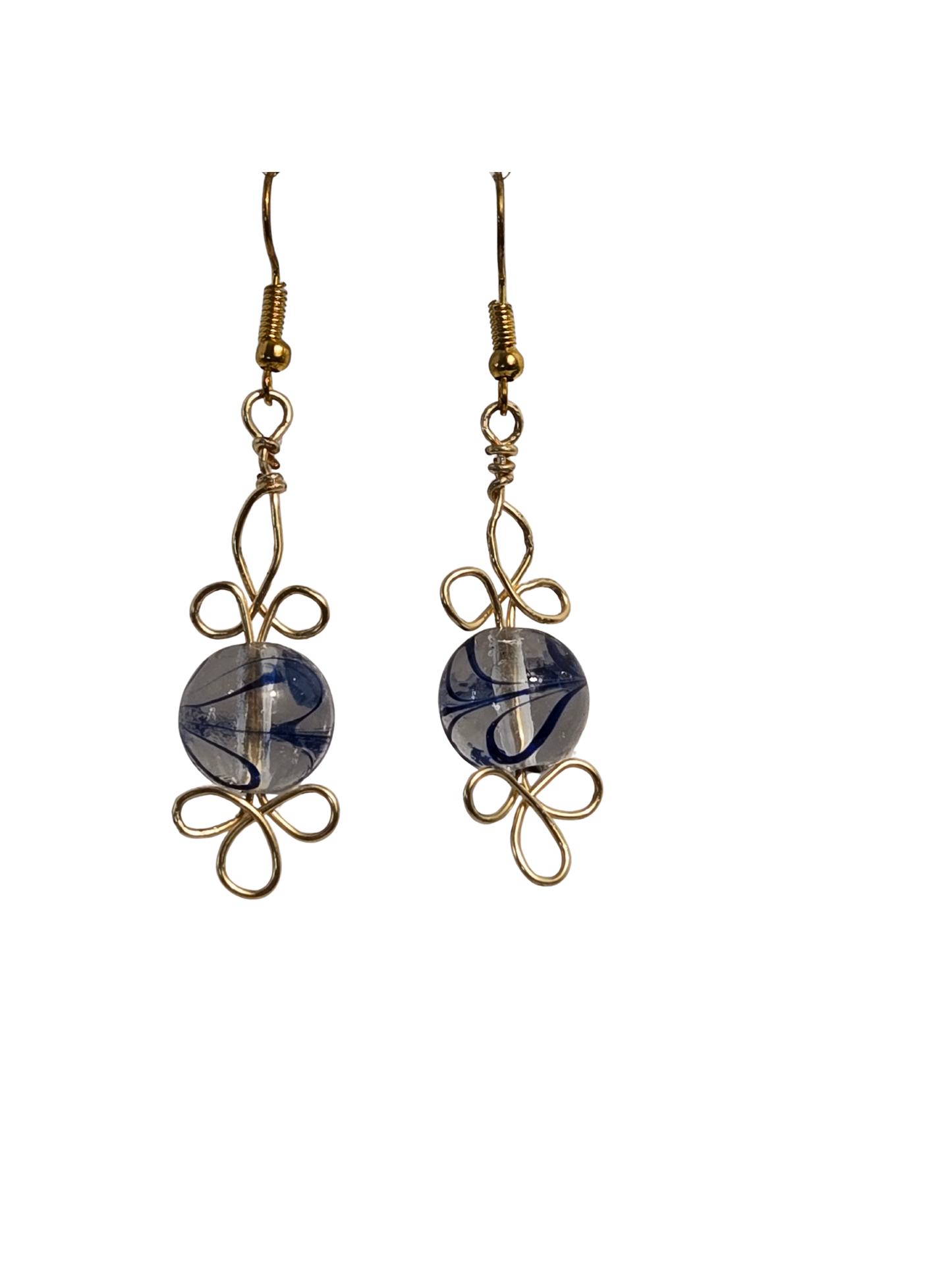 Blue Swirl & Gold Wire Wrapped Glass Drop Earrings