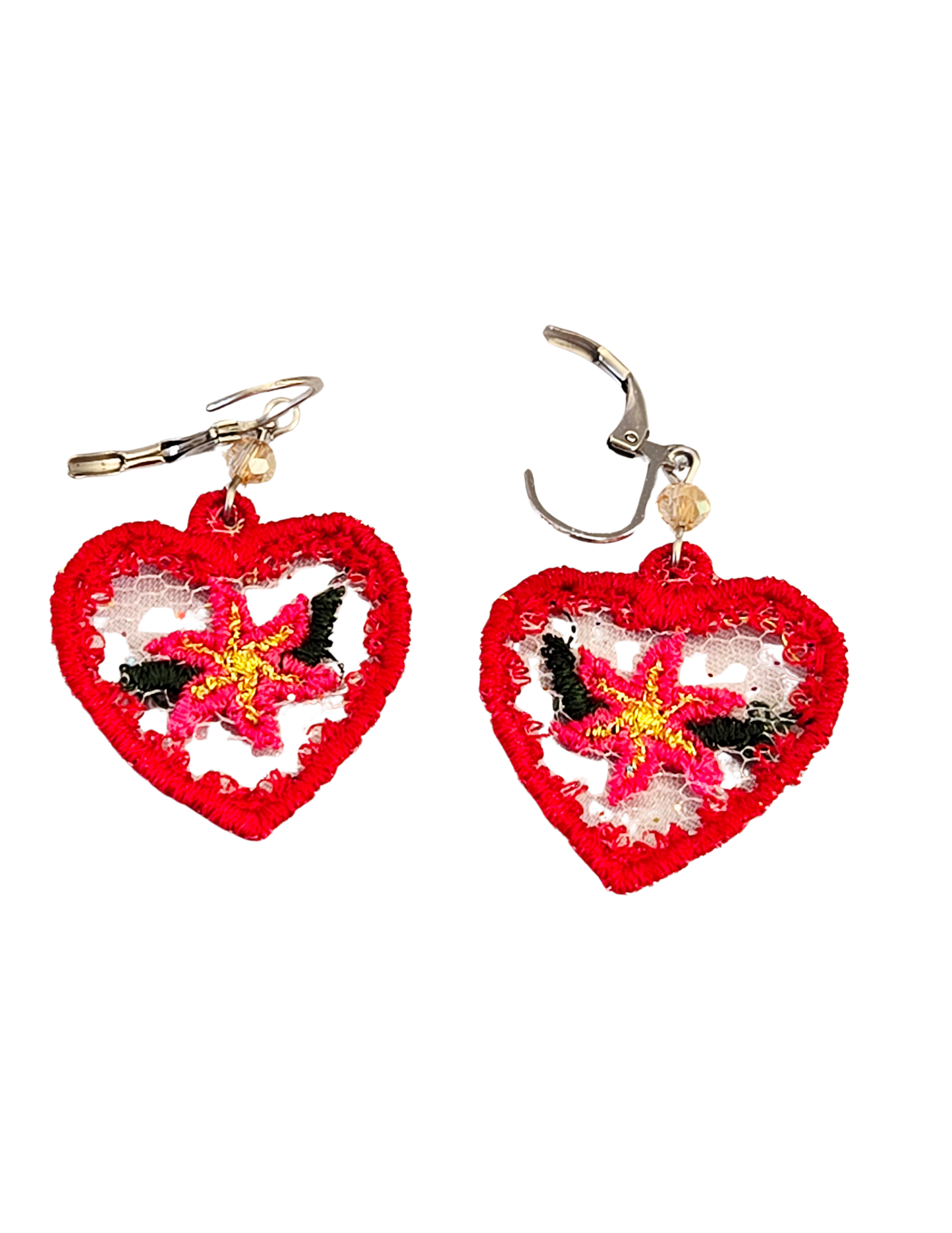 Heart-Shaped Floral Embroidered Earrings – Handcrafted Flower Drop Earrings