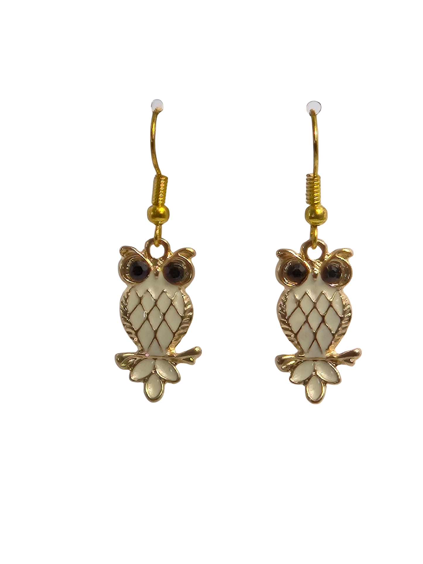 White Enameled Owl Drop Earrings