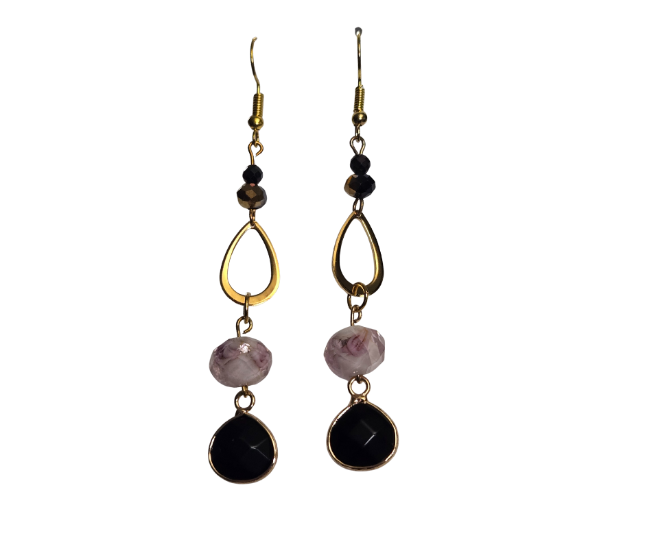 Lampwork Purple Rose Teardrop Dangle Earrings