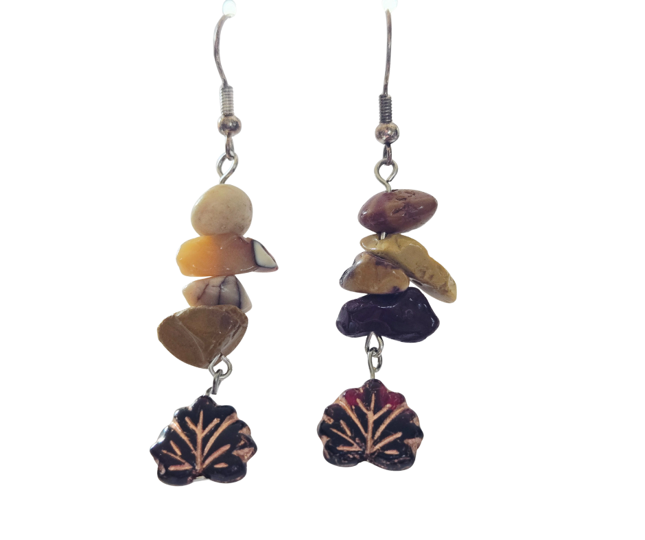 Mookaite Chip Bead & Copper Leaf Dangle Earrings