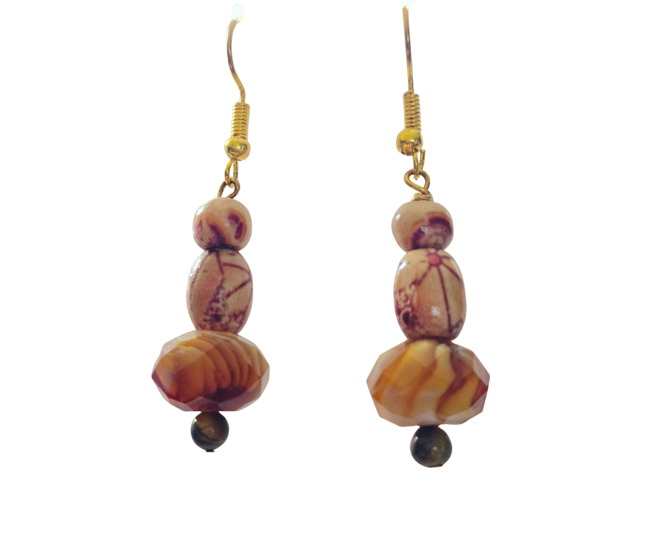 Brown Wood & Swirl Glass Bead Dangle Earrings