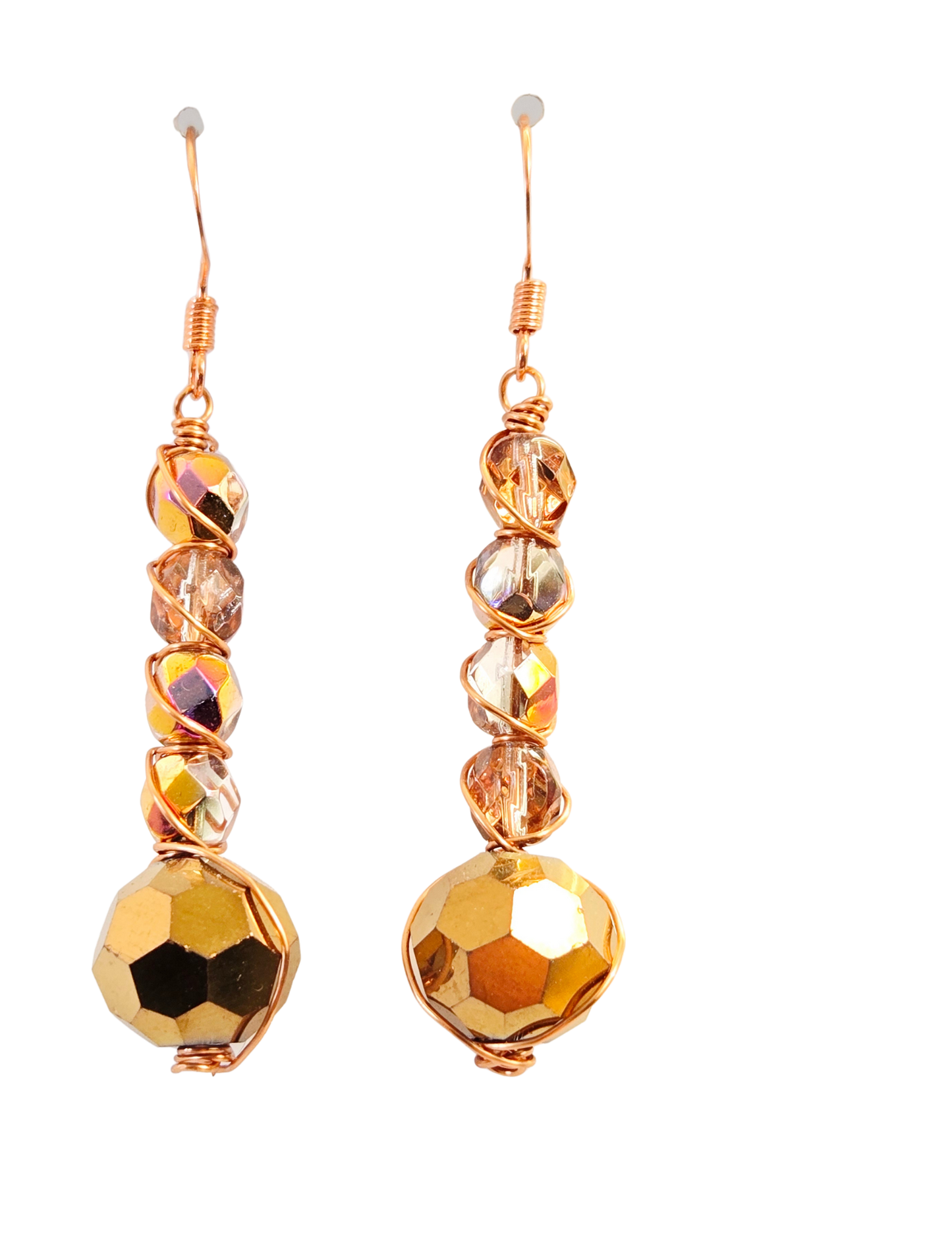 Copper Wire-Wrapped Gold Bead Drop Earrings