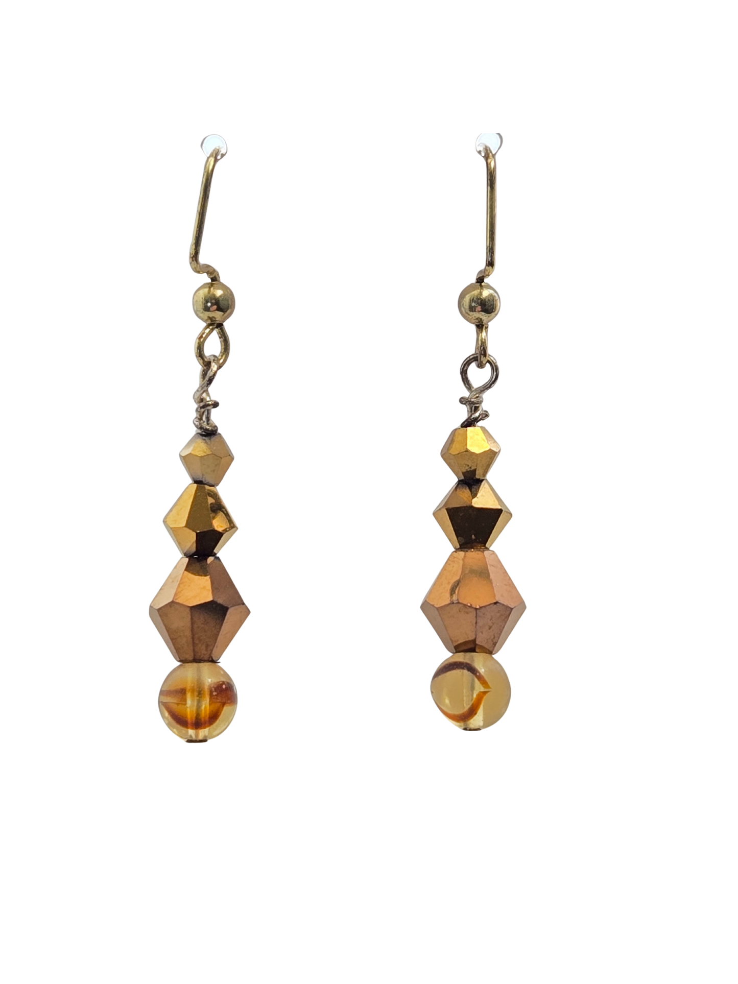 Gold Bicone & Brown Swirl Bead Drop Earrings