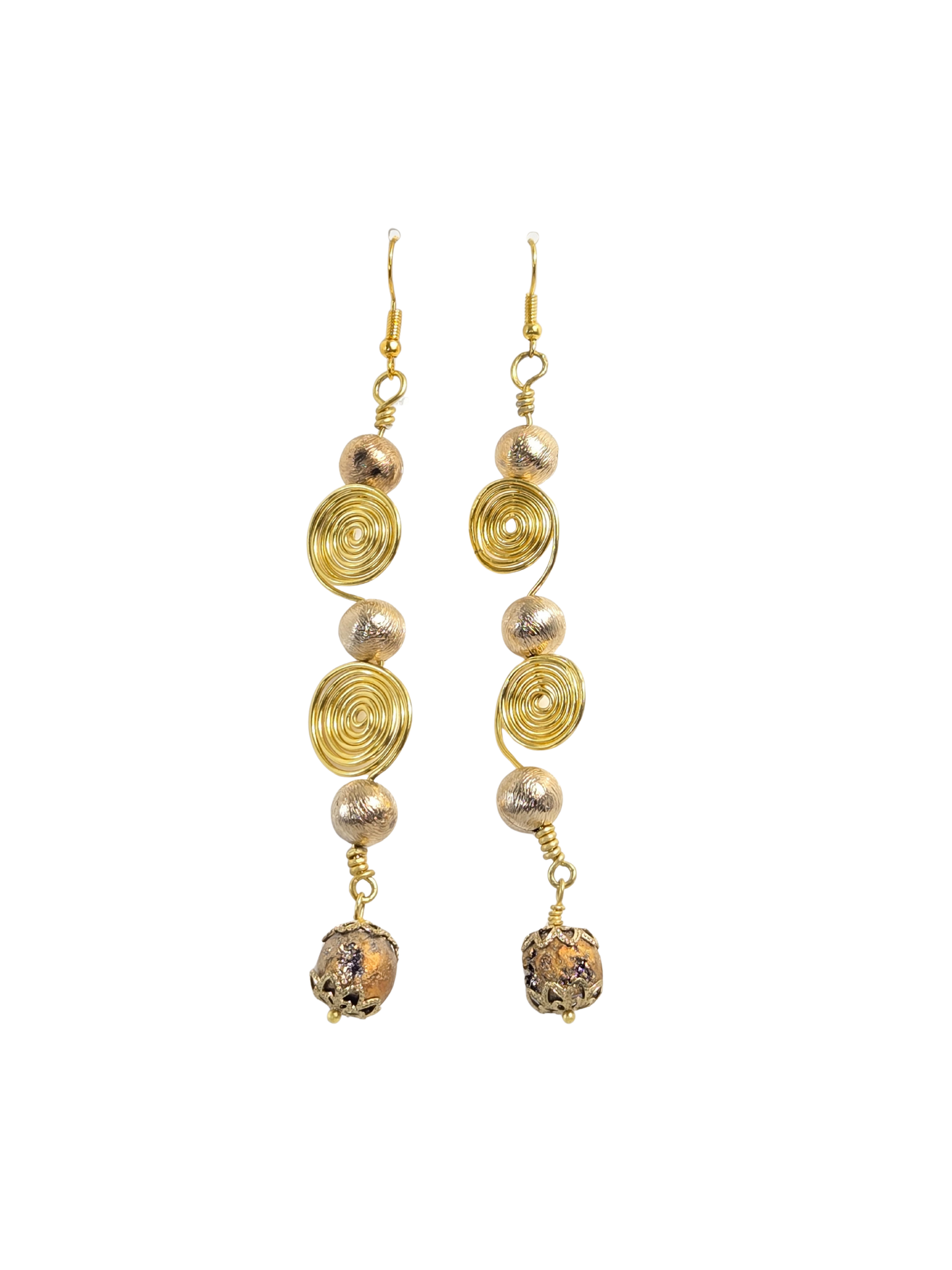 Gold Spiral Wire & Geode Bead Long Drop Earrings