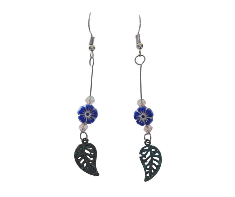 Blue Glass Flower & Leaf Long Earrings