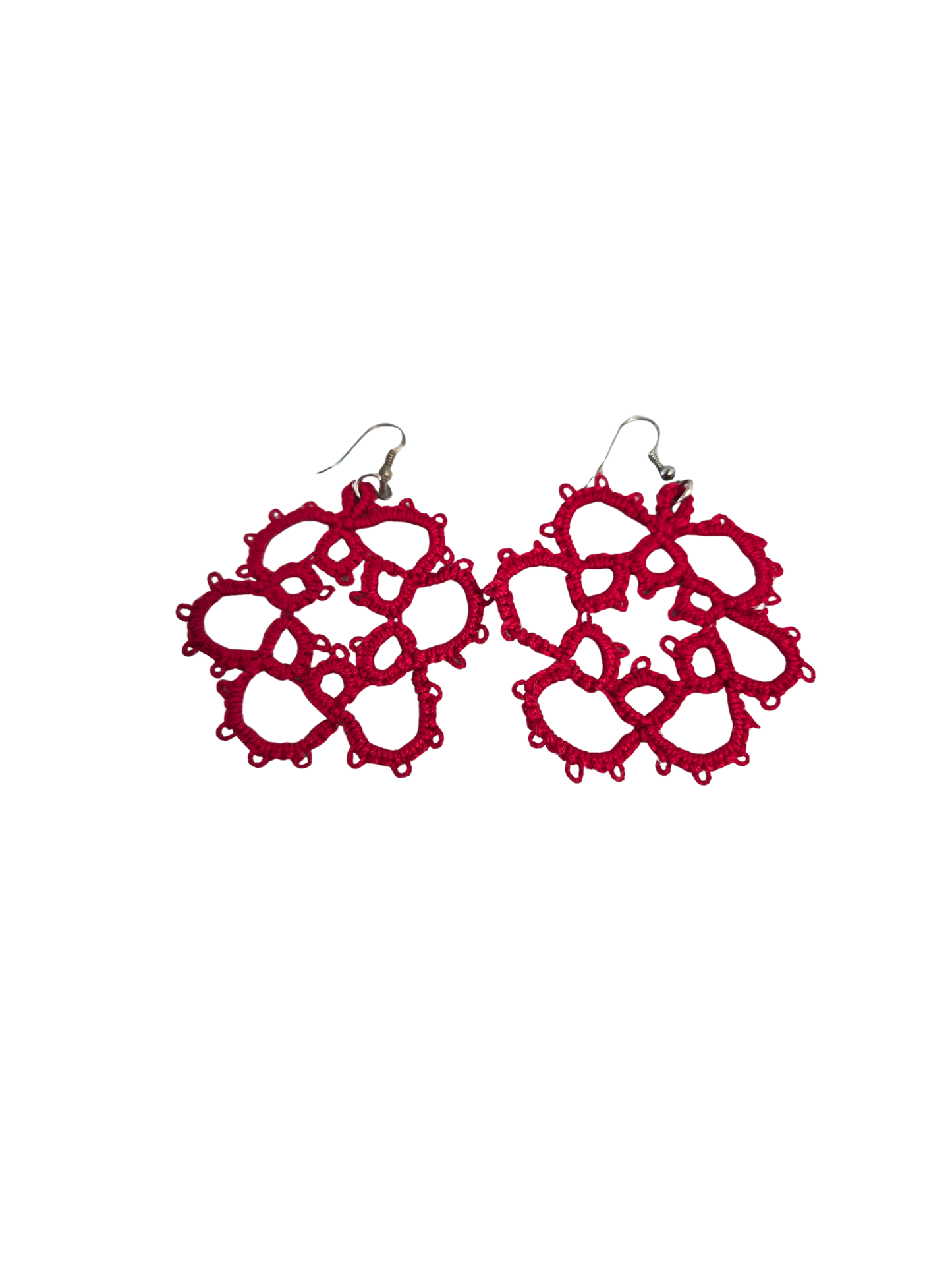 Red Tatted Lace Flower Dangle Earrings