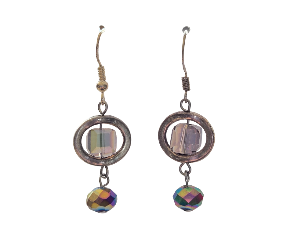 Silver Oval & Square AB Flash Dangle Earrings