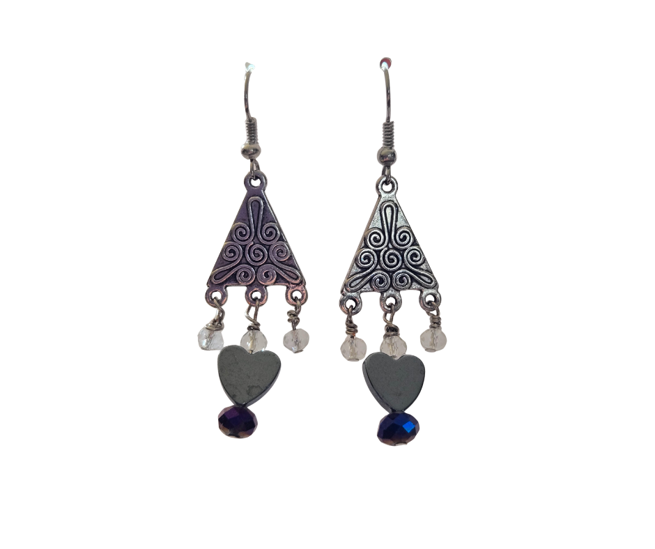 Triangle & Hematite Heart Crystal Dangle Earrings