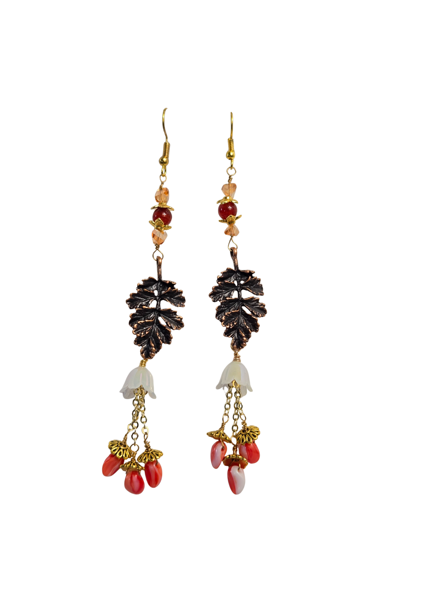 Tulip Petal, White Flower & Antique Copper Leaf Earrings