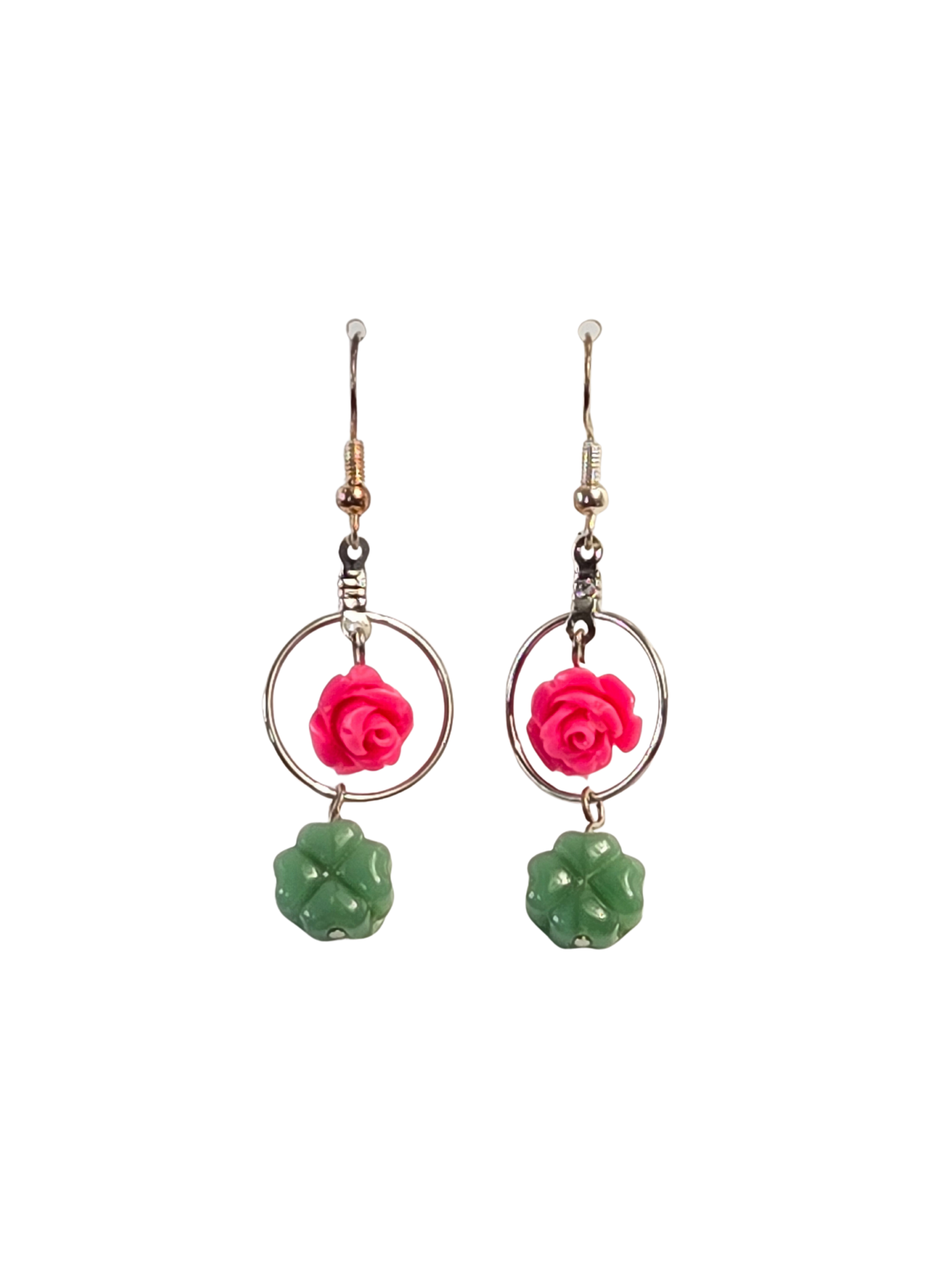 Pink Rose & Clover Hoop Dangle Earrings