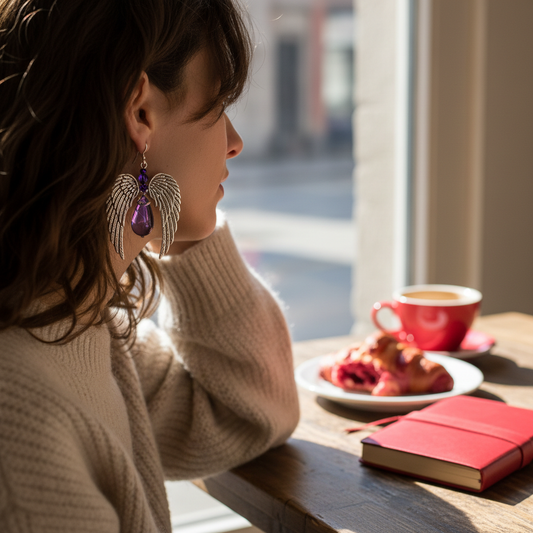 Deep Purple Angel Wing Earrings Lifestyle