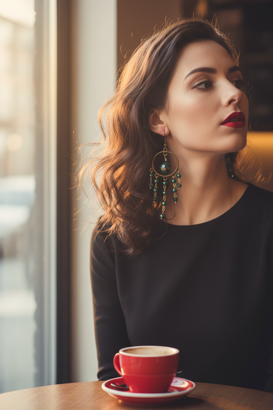 Emerald Green Cascading Hoop Earrings Café Lifestyle v2