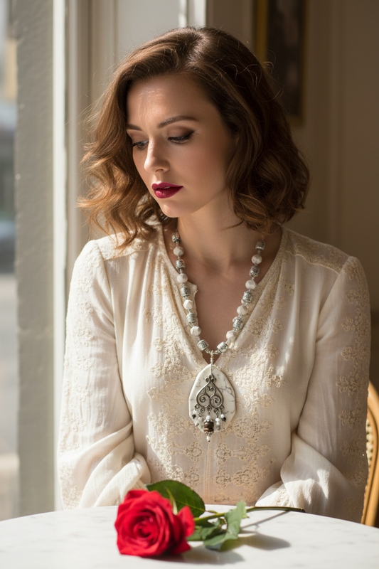 Howlite Lava Stone Filigree Necklace Café Lifestyle v2