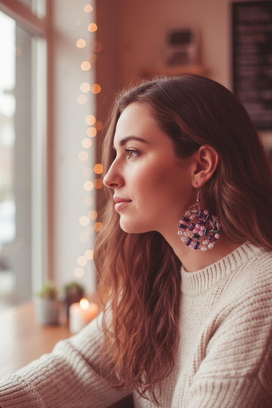 Purple Duo Beaded Dangle Earrings Lifestyle