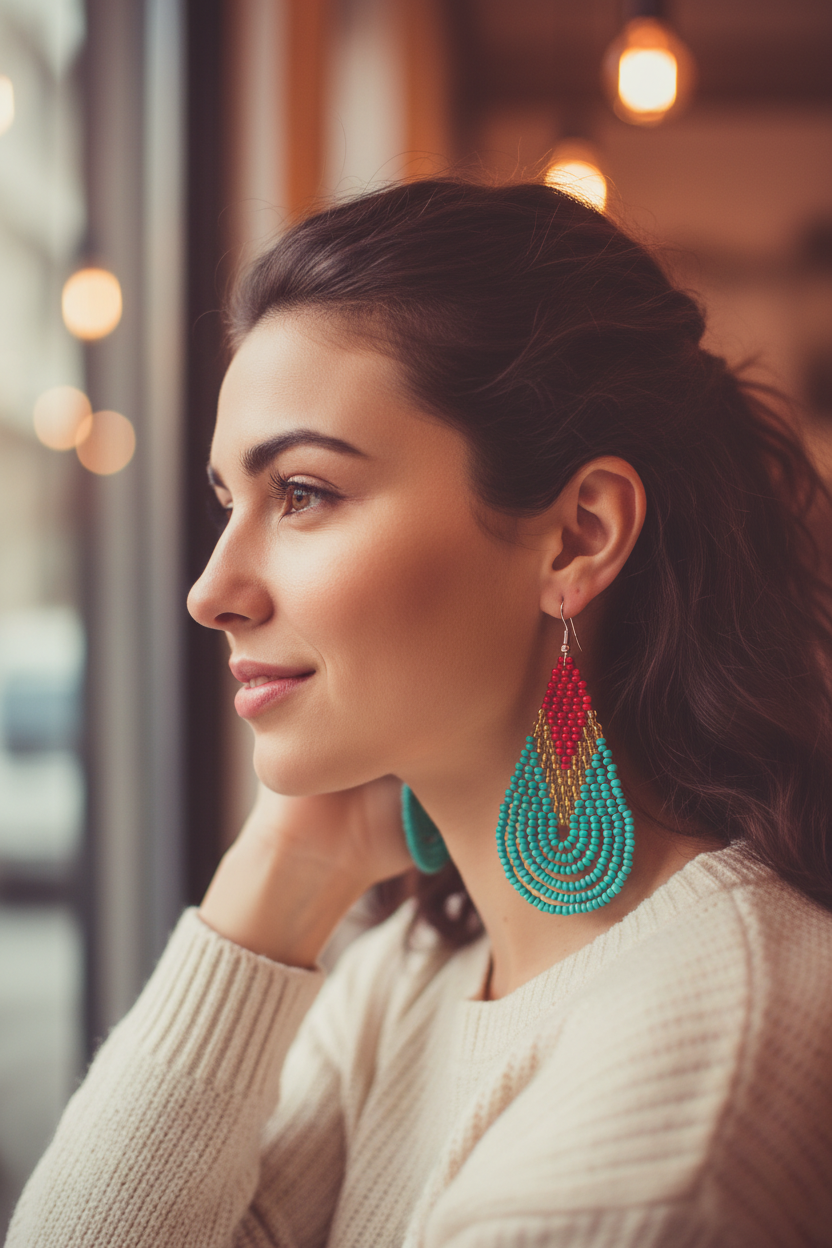 Red Gold Green Peyote Stitch Earrings Lifestyle