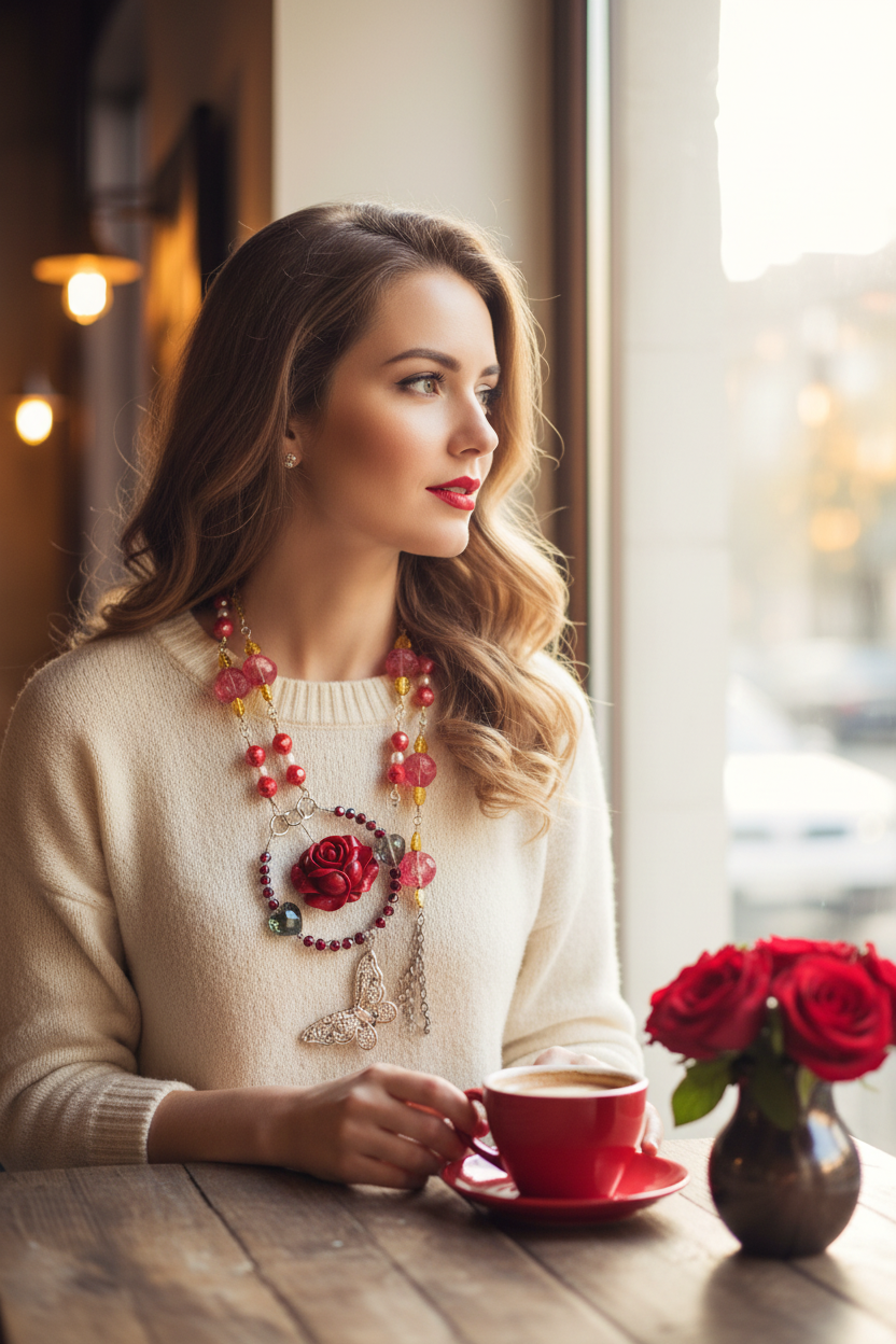Red Rose Wire Wrapped Statement Necklace Café Lifestyle