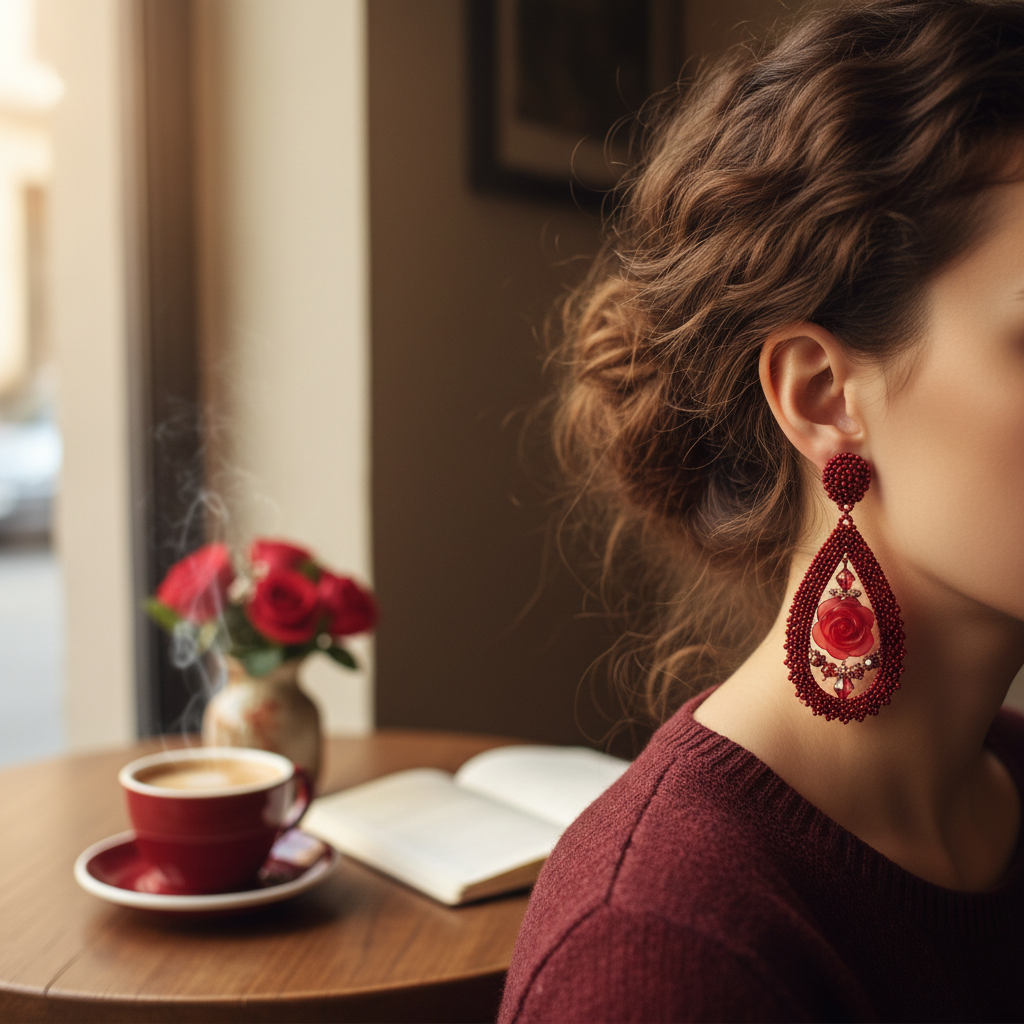 Red Seed Bead Glass Rose Earrings Lifestyle