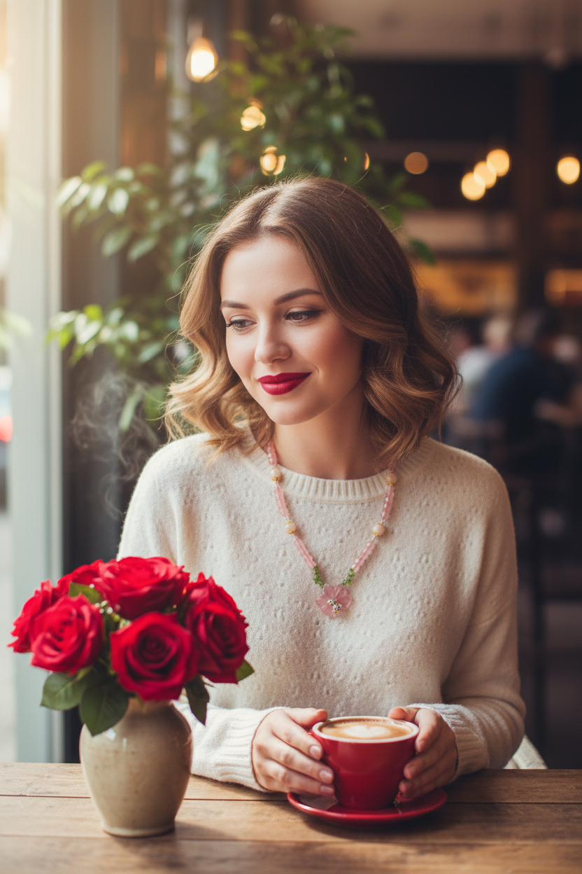 Rose Quartz Aventurine Flower Necklace Café Lifestyle