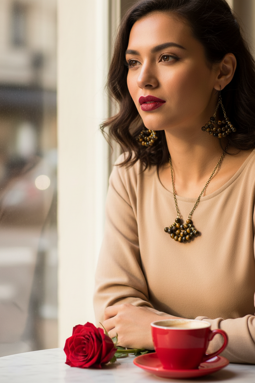 Tiger Eye Brass Chain Earrings Café Lifestyle v2