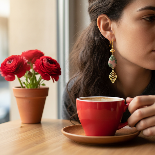 Unakite Stone Gold Filigree Leaf Earrings Lifestyle