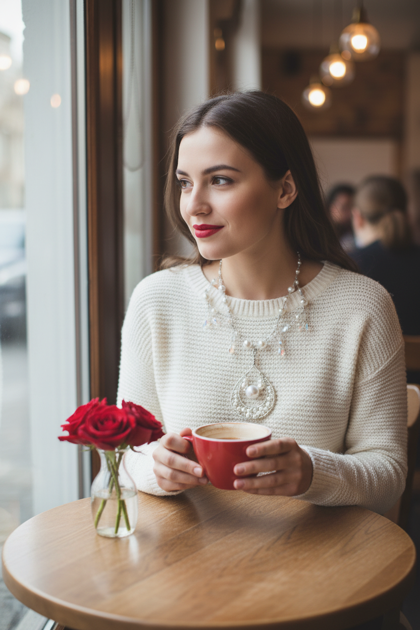 White Pearl AB Crystal Teardrop Necklace Café Lifestyle