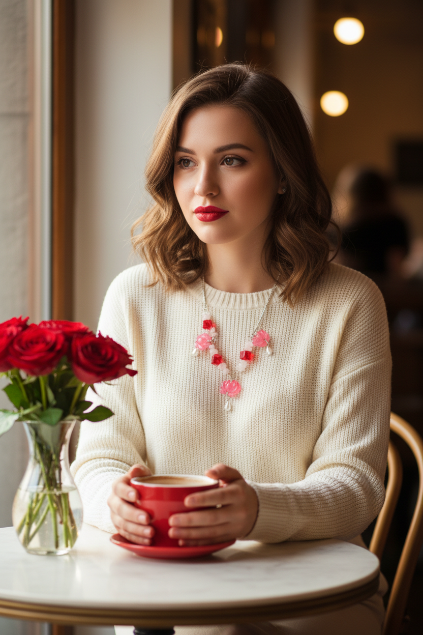 White Quartz Pink Lotus Flower Necklace Café Lifestyle