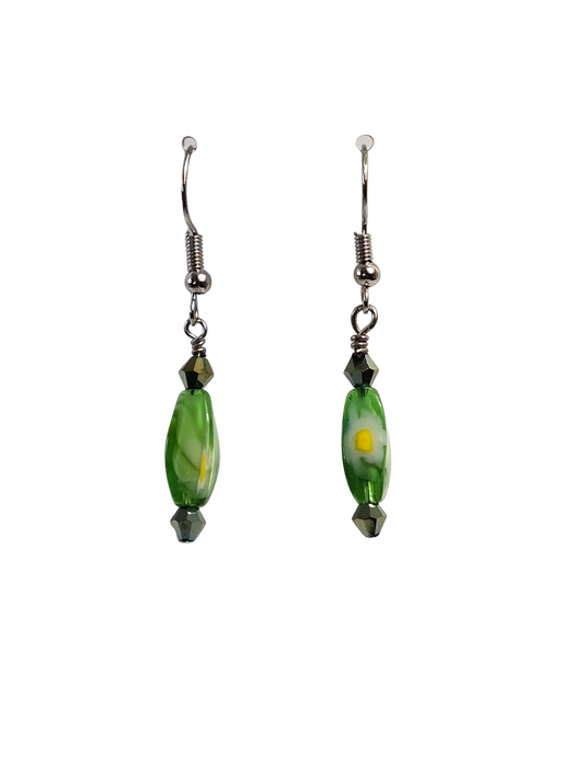 Green & White Swirl Bead Drop Earrings