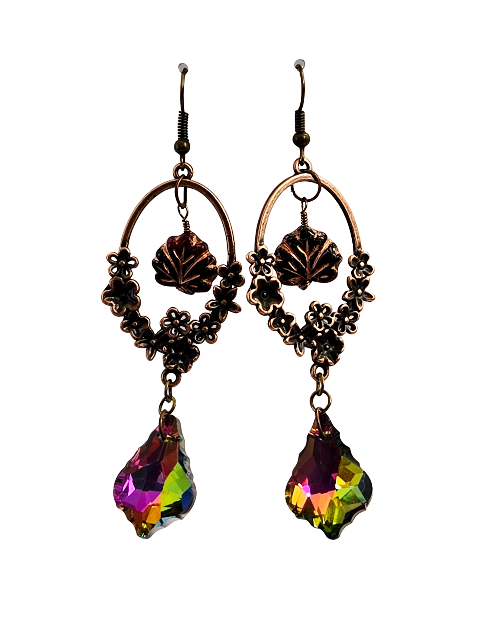 Copper Floral Leaf & Crystal Dangle Drop Earrings