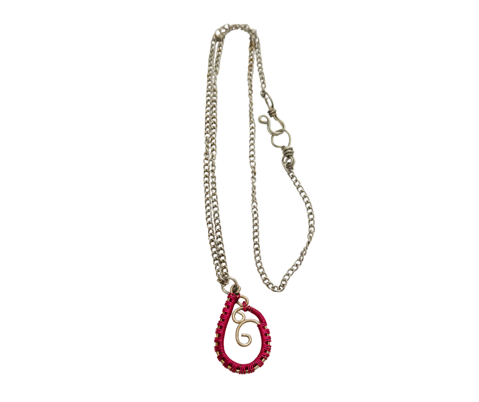 Dainty Red Teardrop Wire-Wrapped Necklace – 17" Silver Chain