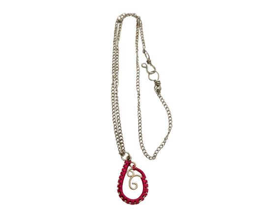 Dainty Red Teardrop Wire-Wrapped Necklace – 17" Silver Chain