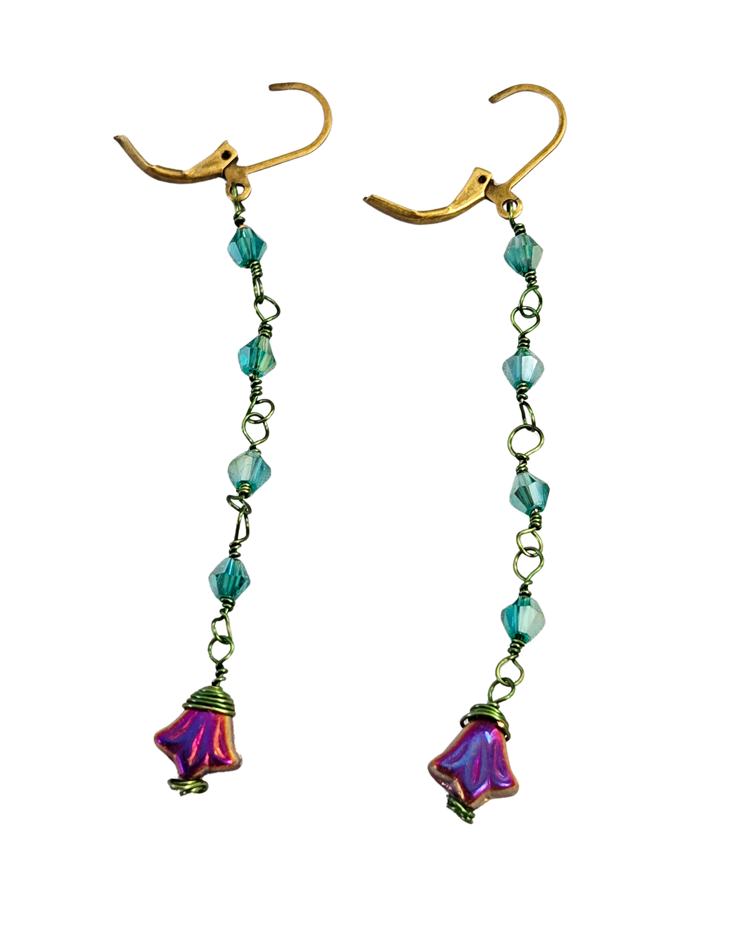 Green Bicone Bead & Purple Tulip Dainty Dangle Earrings