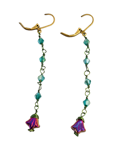 Green Bicone Bead & Purple Tulip Dainty Dangle Earrings