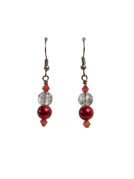 Red Pearl & Crystal Crackle Dangle Earrings