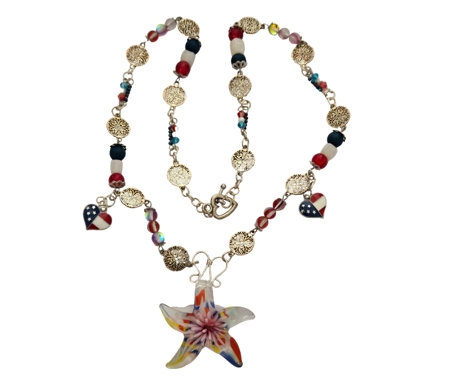 Red, White & Blue Patriotic Necklace – Glass Starfish Focal, 24" Handmade Chain