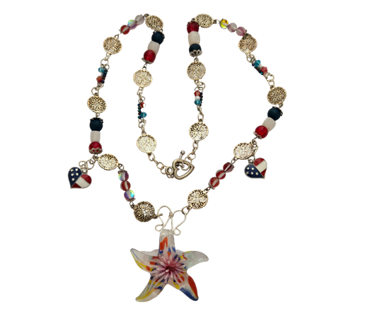 Red, White & Blue Patriotic Necklace – Glass Starfish Focal, 24" Handmade Chain