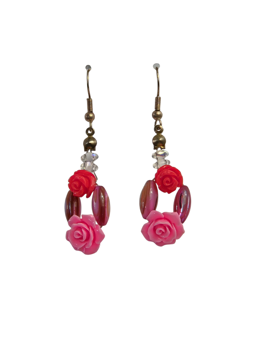 Pink Shell & Rose Bead Dangle Earrings