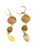 Unakite Natural Stone & Gold Filigree Leaf Drop Earrings