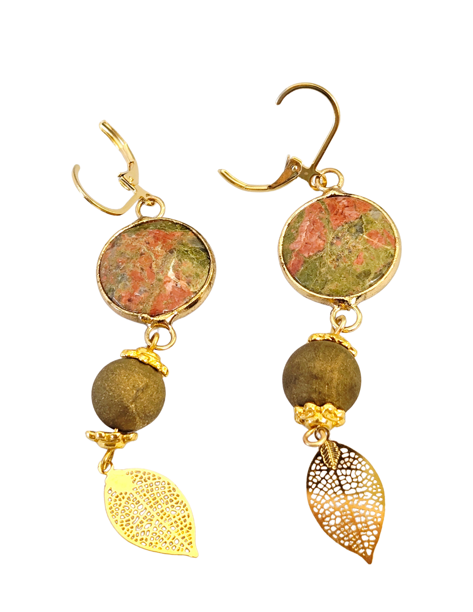 Unakite Natural Stone & Gold Filigree Leaf Drop Earrings