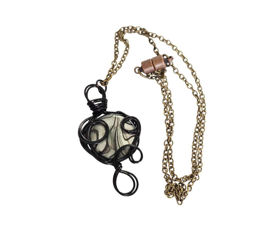 Black Wire-Wrapped Swirl Glass Coin Bead Necklace – 18½" Magnetic Clasp