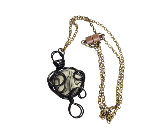 Black Wire-Wrapped Swirl Glass Coin Bead Necklace – 18½" Magnetic Clasp