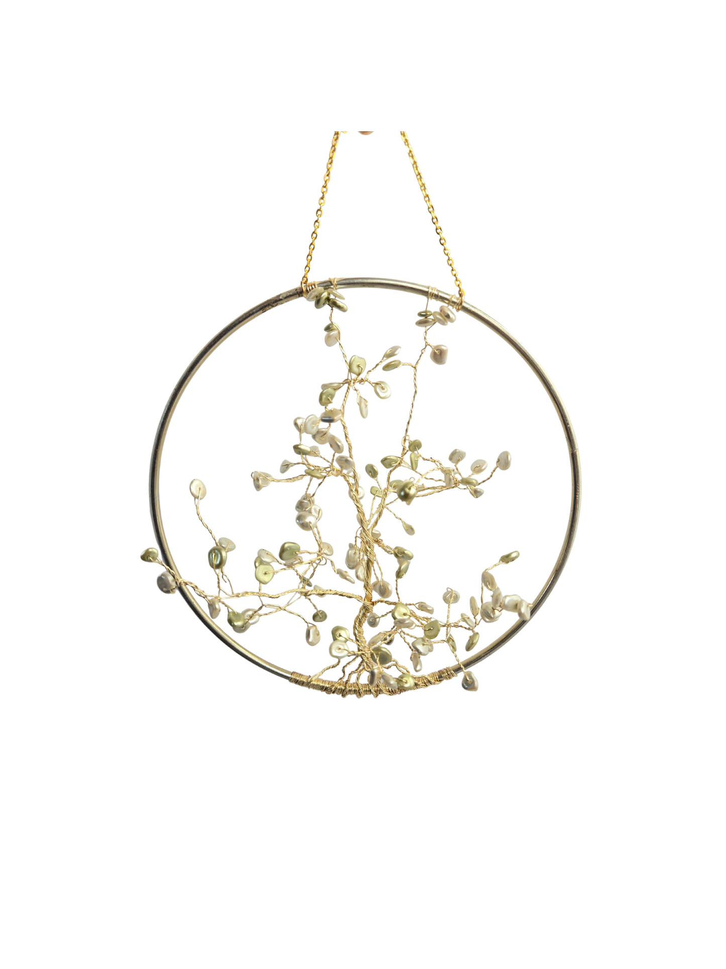 Tree of Life Wall Hanging – Silver Hoop & Gold Wire with Freshwater Pearl
