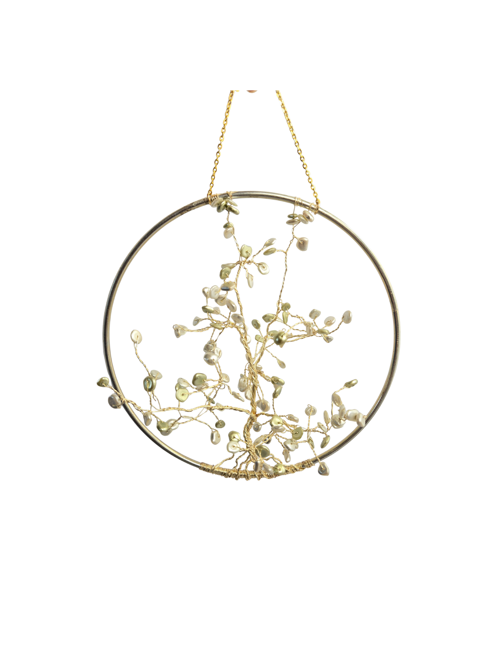 Tree of Life Wall Hanging – Silver Hoop & Gold Wire with Freshwater Pearl