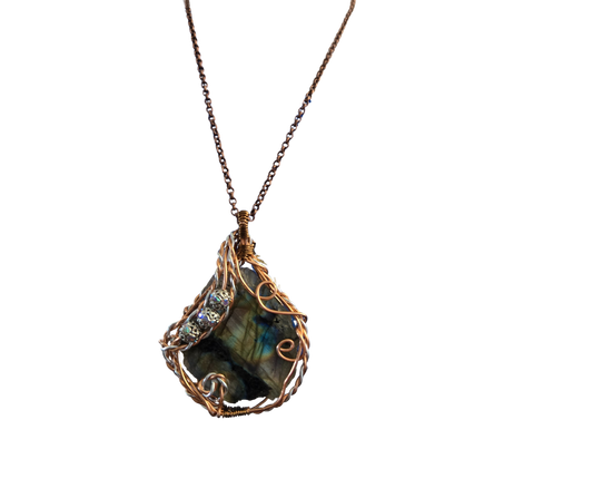 Blue Ribbon Labradorite Wire-Wrapped Necklace