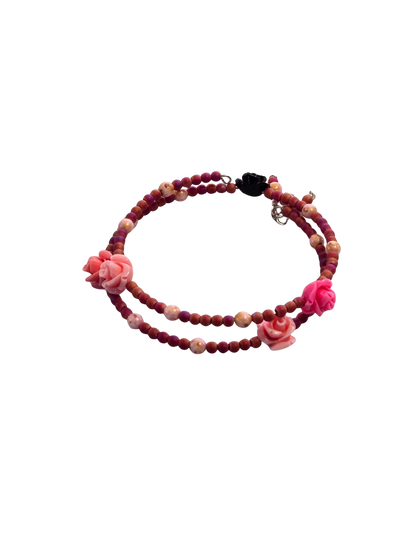 Pink Rose Memory Wire Bracelet | Handmade Floral Beaded Jewelry