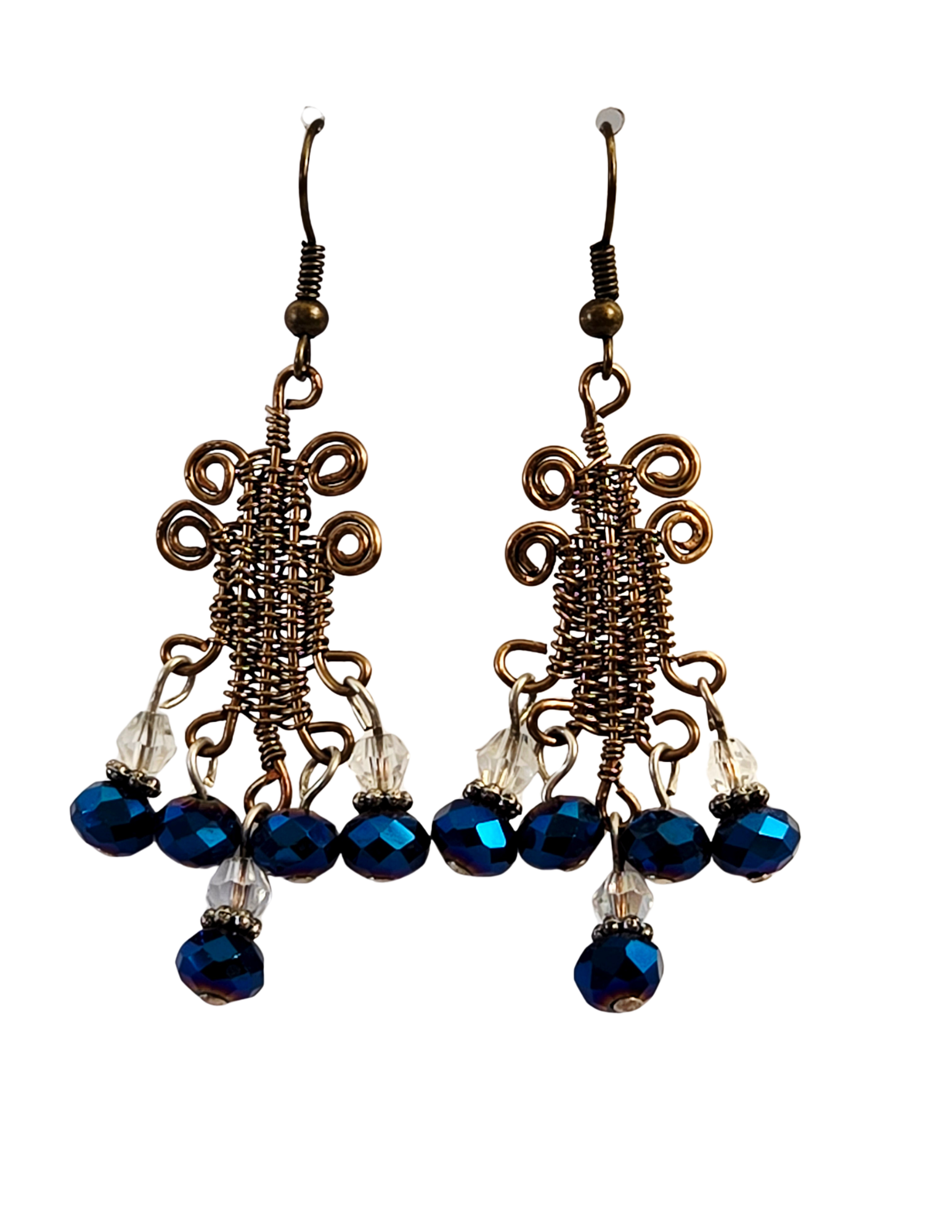 Egyptian-Style Wire-Wrapped Blue Glass Bead Dangle Earrings