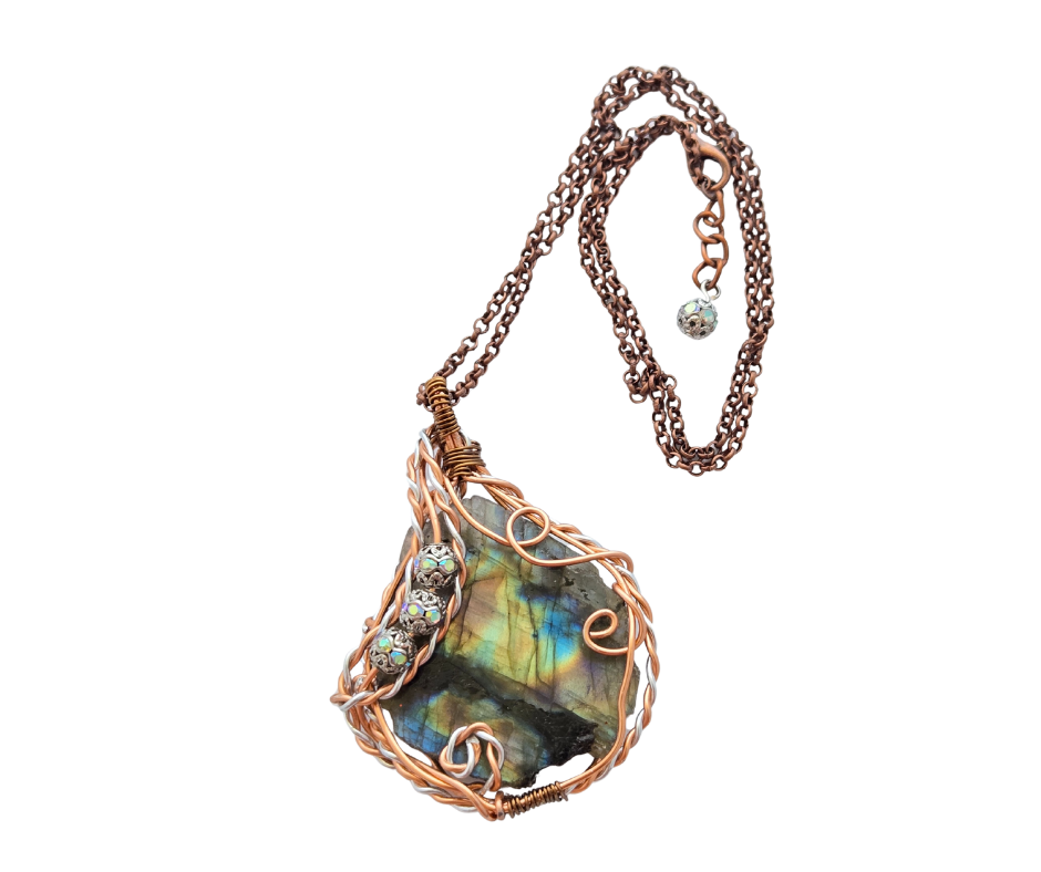 Blue Ribbon Labradorite Wire-Wrapped Necklace